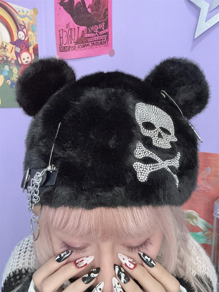 Black Skeleton Rhinestone Bear Ears Design Hat