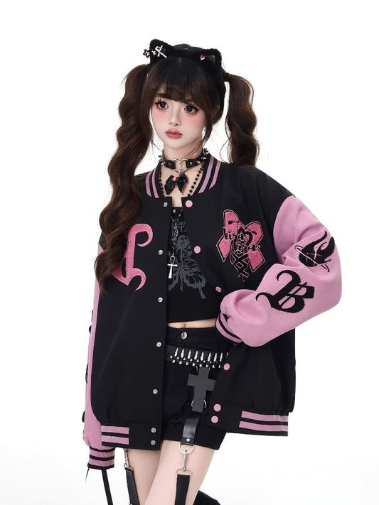 Black & Pink Bow Embroidery Bittersweet Baseball Jacket with Lace-up Detail at Sleeve