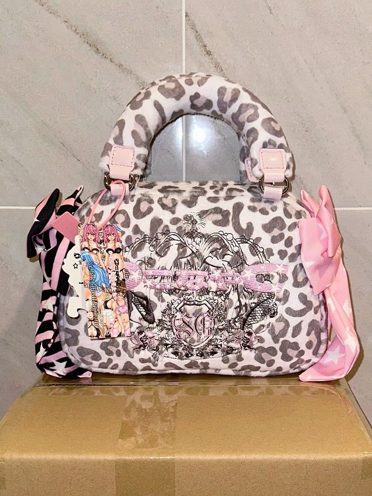Gyaru Fashion Tote Bag with Big Bows Leopard Pattern