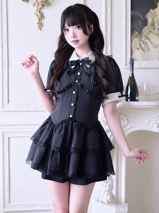 Shorts Faux Two-pieces and Dress Layered Kei Skirt Lace Black Jirai Striped Set- Trim
