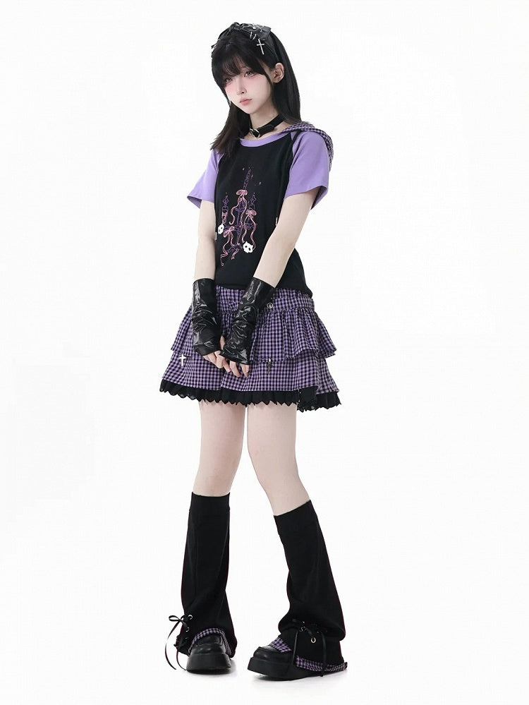 Y2K Purple Elastic Waist Lace Trim Plaid Skort