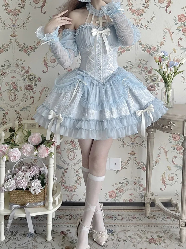 Cross Belle Blue Lolita Corset DressHalter Neck Balletcore JSK