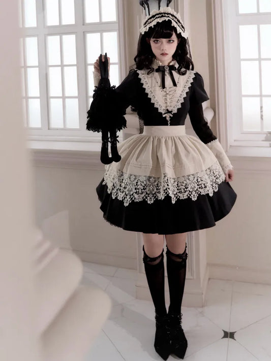 Robe Lolita gothique noire et beige à col à volants et bande, version courte