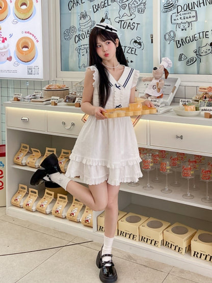 Trim Tiered Skirt Sleeveless Dress Contrast White Sailor Collar Flutter Sleeves Blue