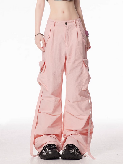 Pink Low Waist Cargo Pockets Wide-leg Pants