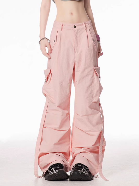 Pink Low Waist Cargo Pockets Wide-leg Pants