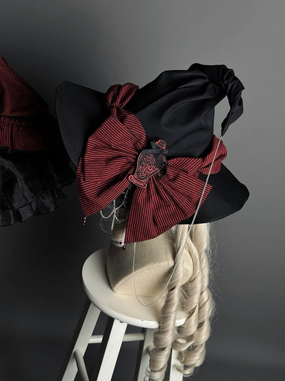 Bow Gothic Lolita Chain Witch / Spider Black and Decorated Red Big Web Hat