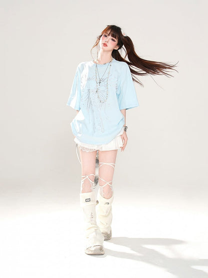T-Shirt Loose Blue/White Key and Bowknot Print Lace Trim