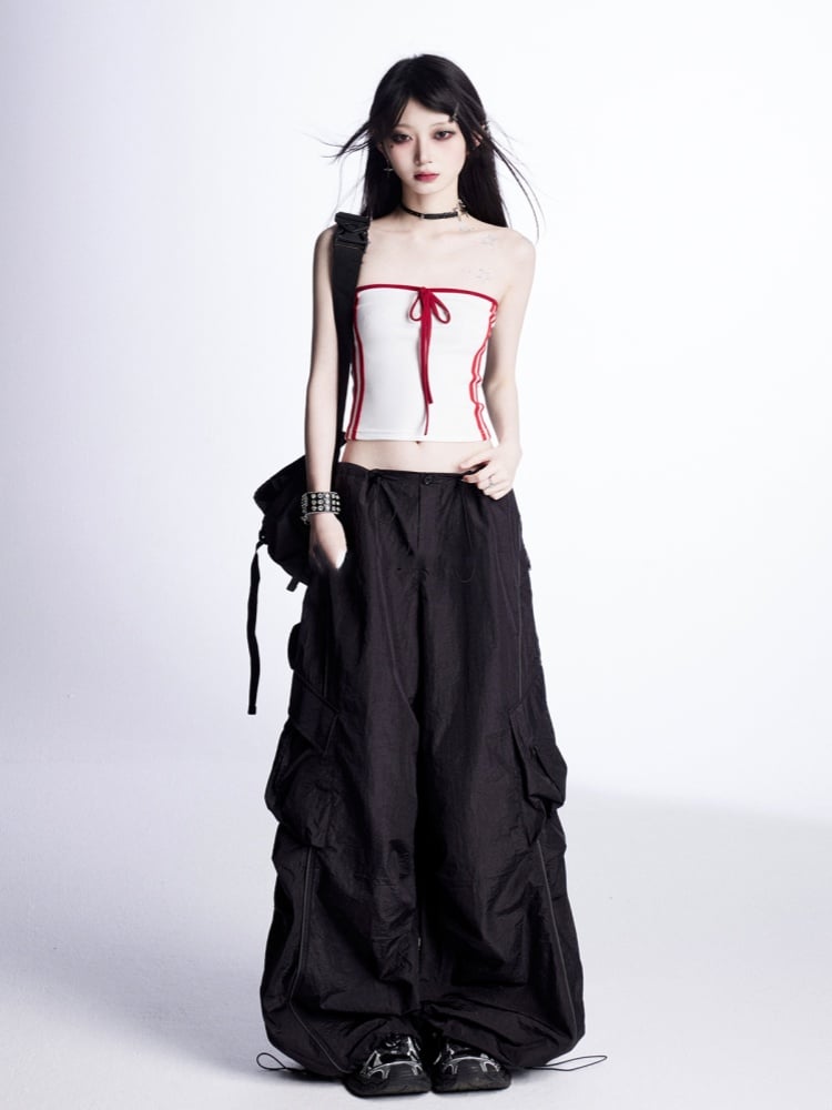 Wide-Leg Cargo Pants Waist Drawstring Cuffs Vintage Black	Low
