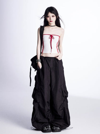 Wide-Leg Cargo Pants Waist Drawstring Cuffs Vintage Black	Low