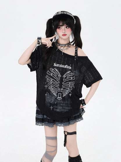 Y2K Asymmetrical Neckline Skeleton Heart Print Black/Gray/White T-Shirt