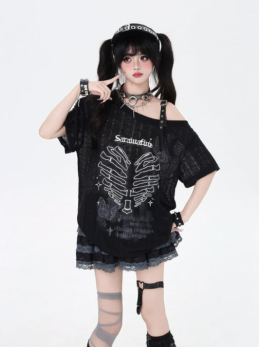 Y2K Asymmetrical Neckline Skeleton Heart Print Black/Gray/White T-Shirt