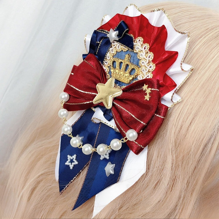 Idol Charm Haarspange Lolita Verzierte Krone Blau-Rot Schleifendetails Perlenstern-Design