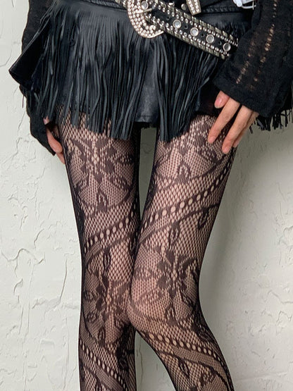 Black Y2K Floral Pattern Fishnet Tights