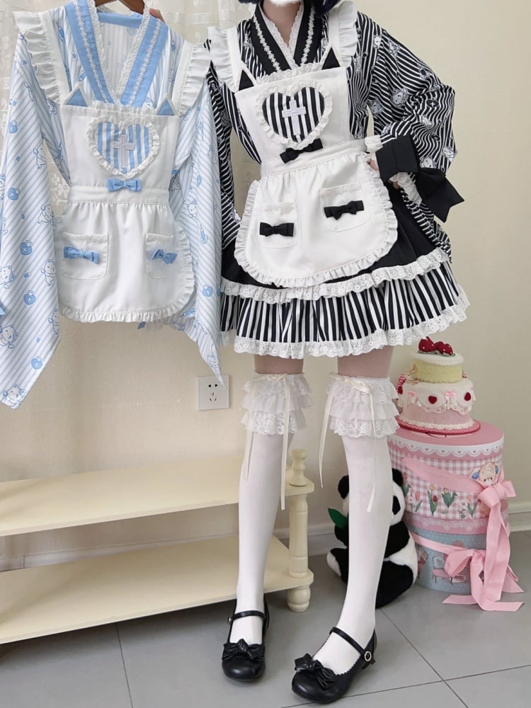 Black Striped Little Ghost Print Top + Tiered Skirt + Apron Wa Lolita Set