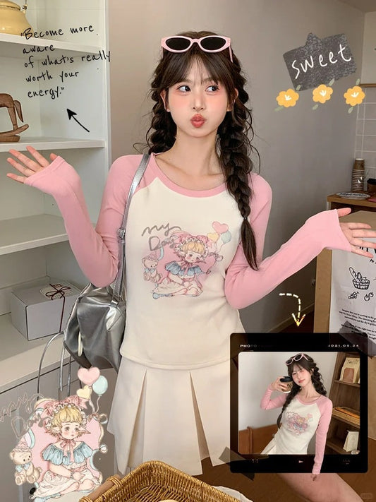 Top and Pink Slim-fitting Cartoon Girl Print Apricot Colorblock Design