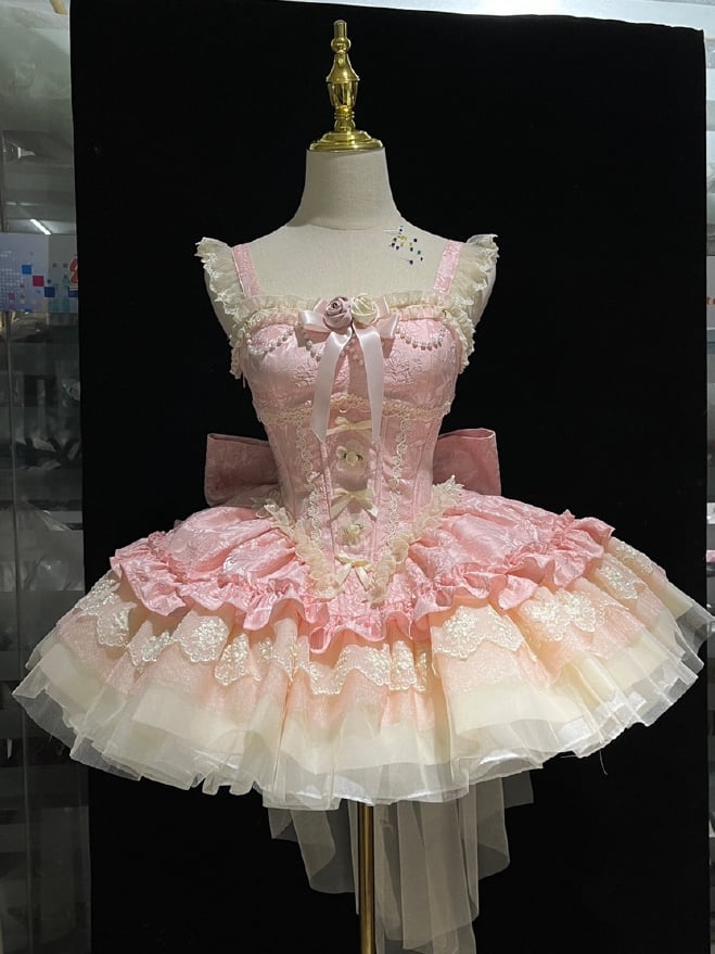 with JSK Big Bow Fabric Hime Lolita Balletcore Pink Boned Basque Waist Jacquard Train Puffy Dress