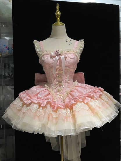 with JSK Big Bow Fabric Hime Lolita Balletcore Pink Boned Basque Waist Jacquard Train Puffy Dress