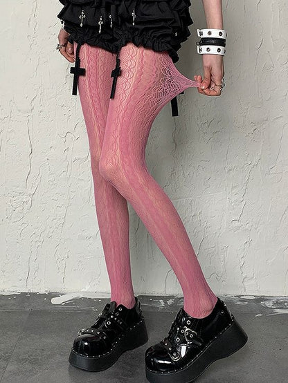 Y2K Strumpfhose mit ausgehöhlten Rosen, rosa gestreiftes Design