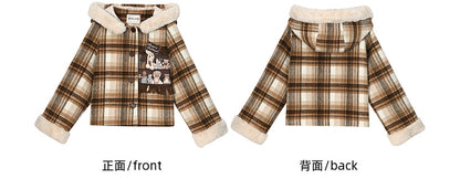 Brown Cute Little Bears Applique Plaid Hooded Woolen Coat Short Version