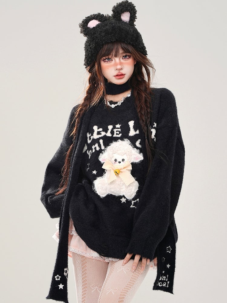 Red/Black Cute Lamb Appliques Loose Sweater with Free Scarf