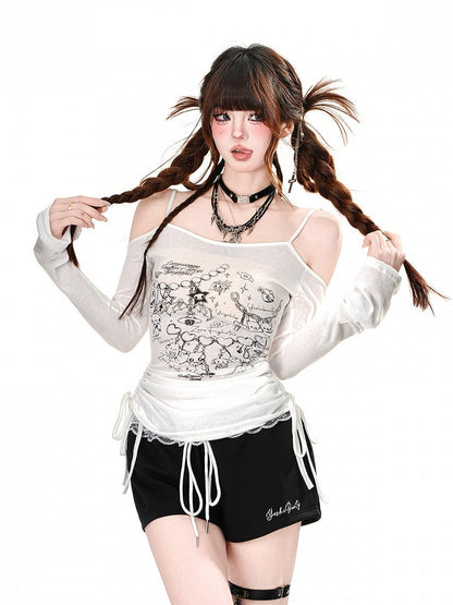Trim Glamorous Waist Sports Wide-Leg Shorts Lace Black Drawstring