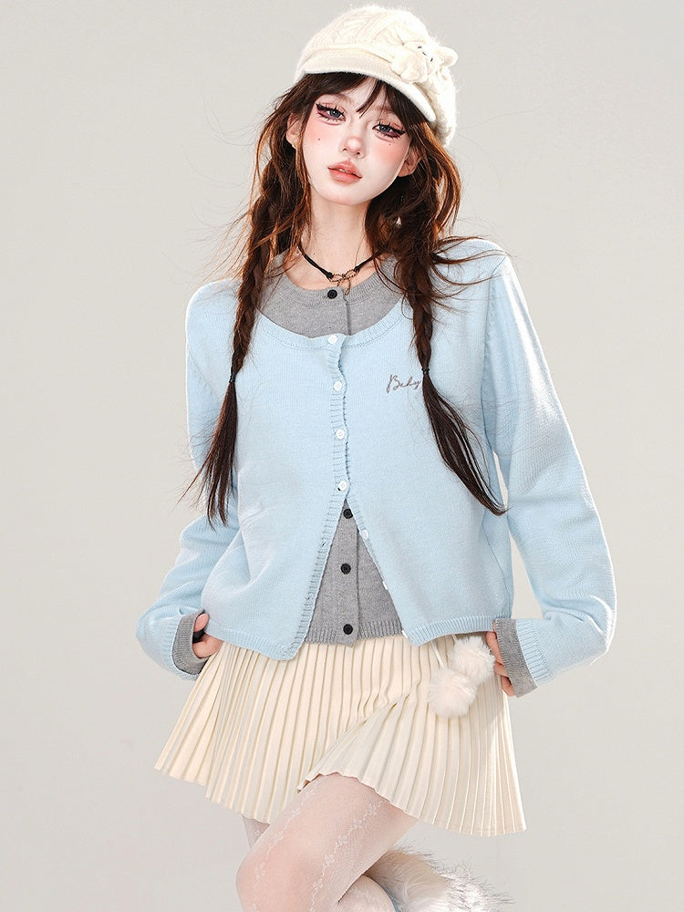 Blue/Dark Grey Fake Two-piece Design Cardigan