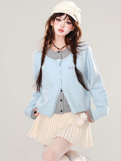 Blue/Dark Grey Fake Two-piece Design Cardigan