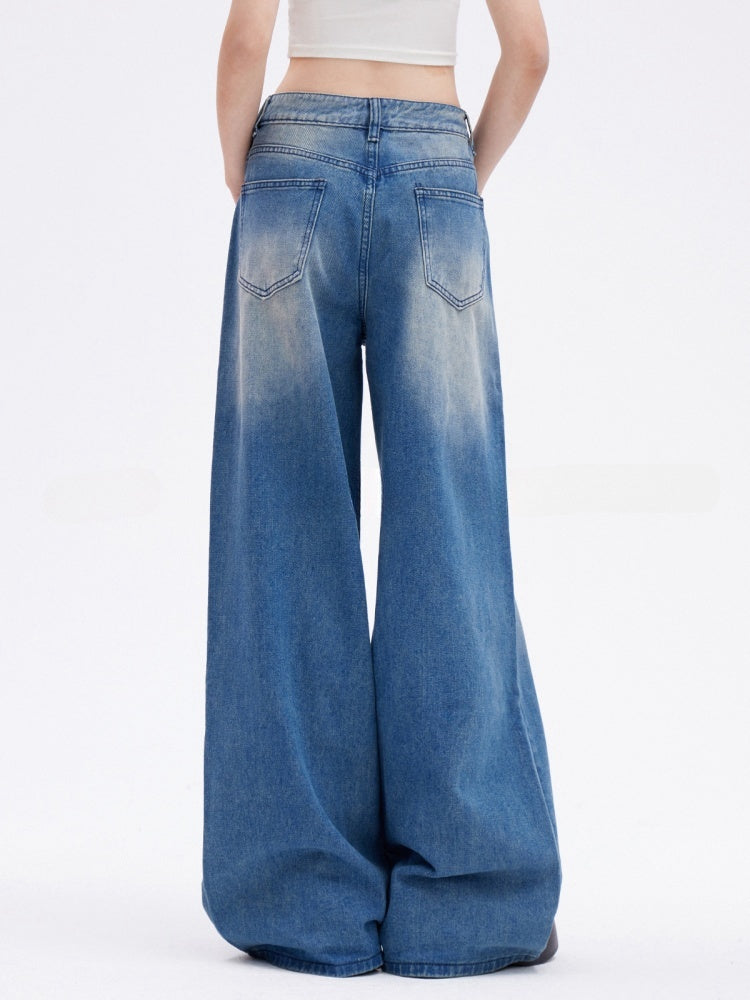 Low Vintage Wide-Leg Jeans Length Drawstring Floor Blue Waist