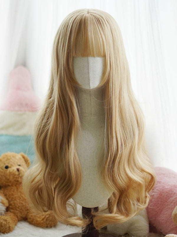 Black/White/Light Blonde/Blonde/Caramel/Grey Waist Length Wavy Wig With Full Bangs