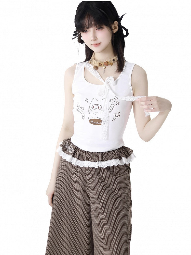 with Self-tie Strap White Cat Print Tank Top Neckline