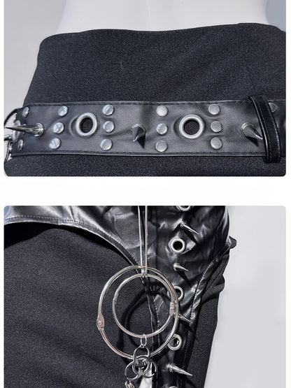 Black Punk Ring Stud Pin Detail Thigh-high Slit Mermaid Skirt with Buckle Belt