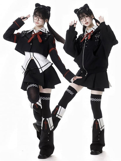 Black Buckle Straps Star Studs Zip Closure Hoodie