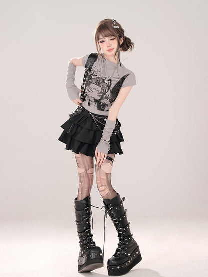 Character Print and Matching Fingerless Gray Mock Neck T-shirt with Manga Gloves
