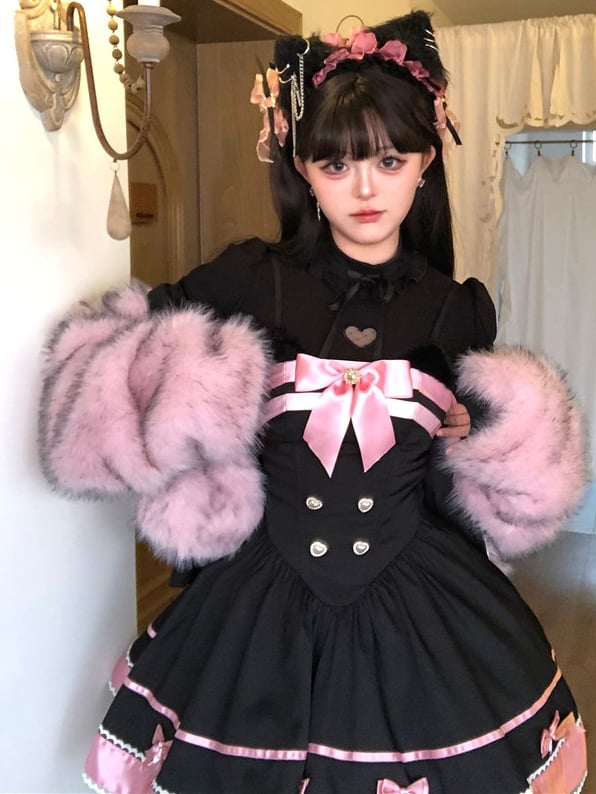 Black and Pink Cat Ears Bow Accents Basque Waist Sweet Dress Lolita Jumper Skirt