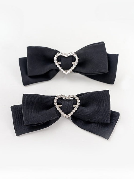 Jirai Kei Decorated Heart Bowknot Rhinestone Hairclips Black/Pink