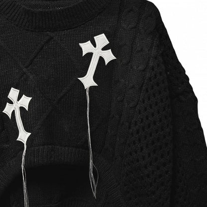 Punk Black Cross Appliques Fringe Design Cropped Sweater