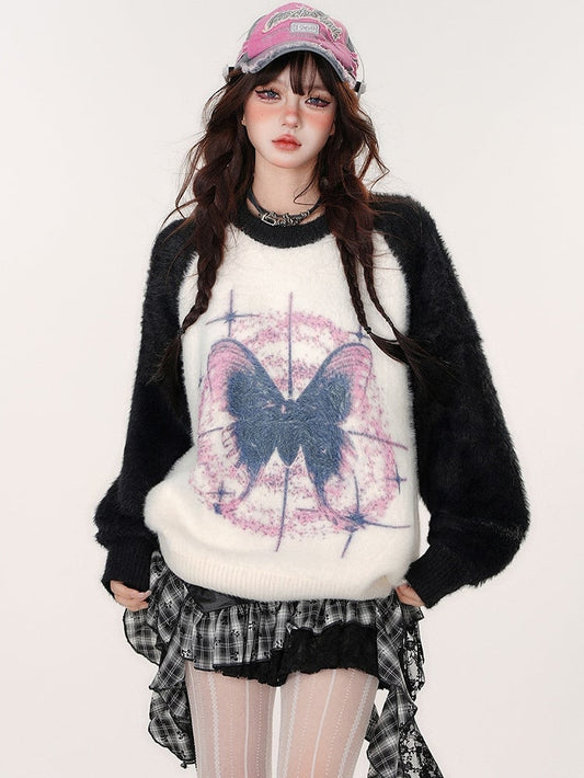 Butterfly  Black and White Soft Mohair Sweater