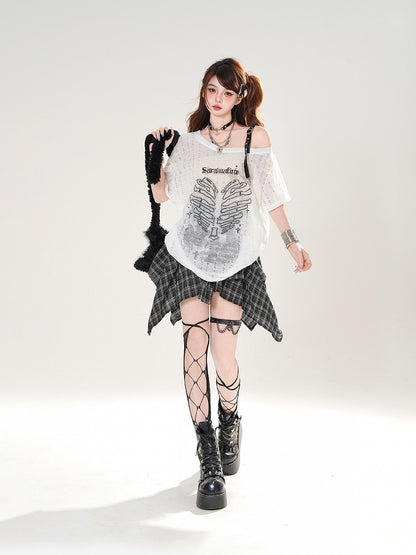 Herz Druck Löcher Asymmetrischer Ausschnitt Distressed