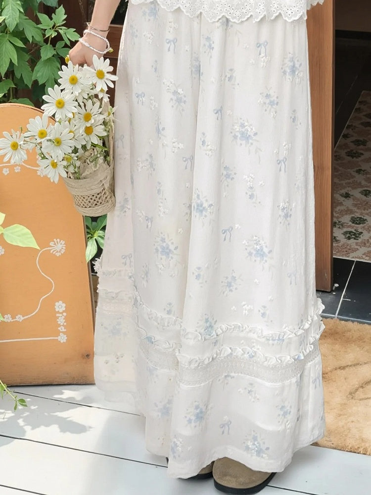 Blue Floral Pattern Version White Chiffon Waist Wide-Leg Pants Elastic Regular/Short