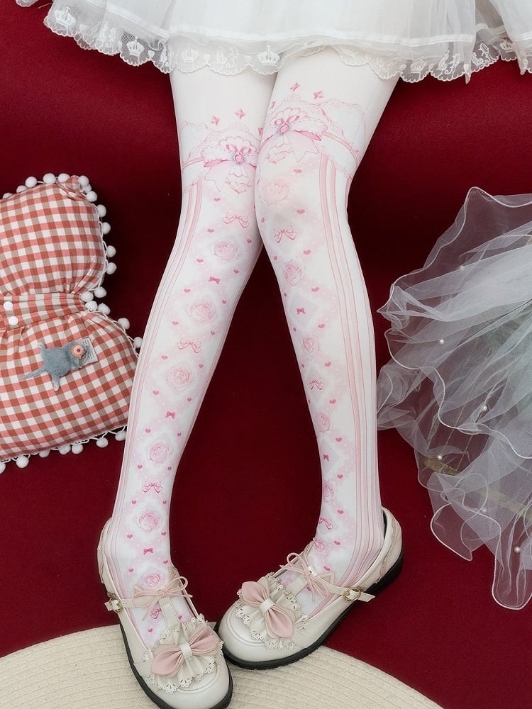 Print Tights Floral And Red/Pink/Blue/Black/Yellow Bowknot