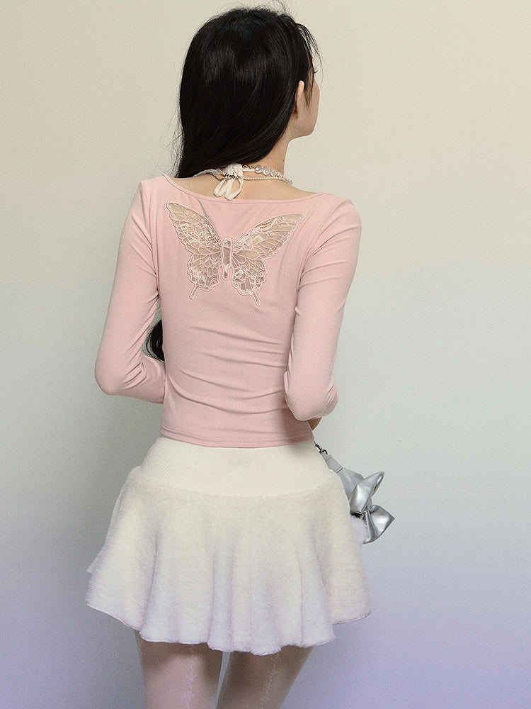 Pink Lace Butterfly Cutout Halter Neck Long Sleeves Top