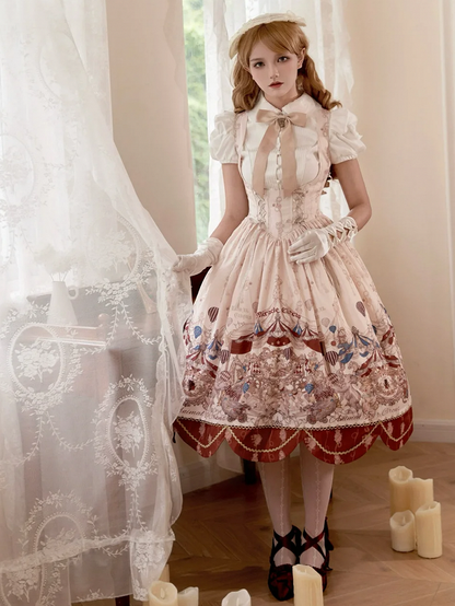 Under Bust Boned Waist Circus Animals Print Lolita Jumper Skirt Long Version