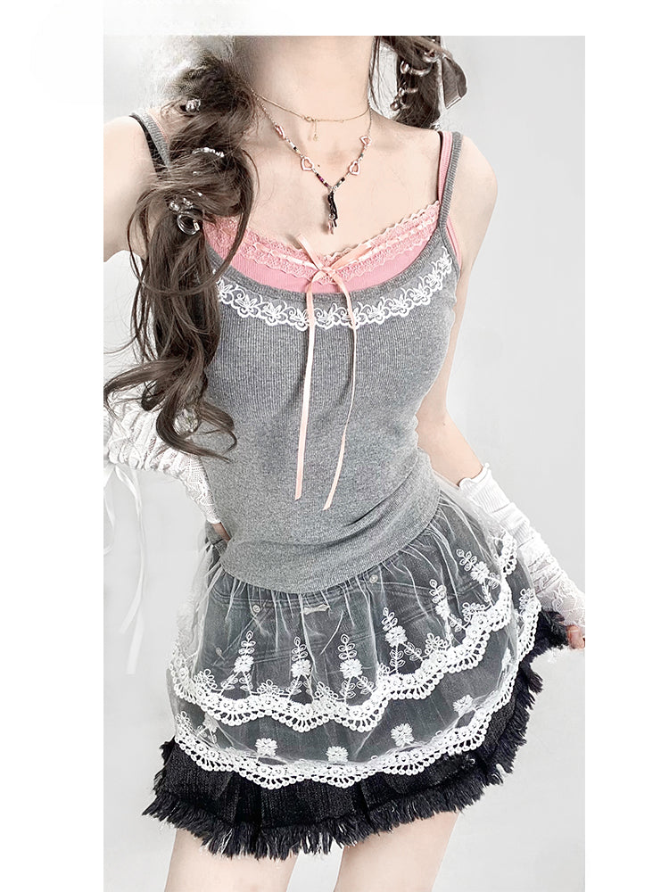 Grey Double-layered Lace Cami Top+Pink Padded Cups Cami Top Set