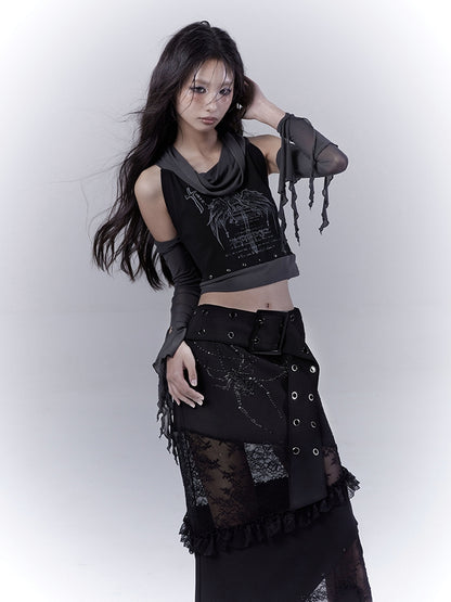 Sleeveless Top Armwear Print Punk Studded Black Cross Wing with Free