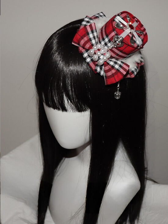 Bowknot Red Charm Mini Decorated Crown Pattern Plaid Hat Beaded