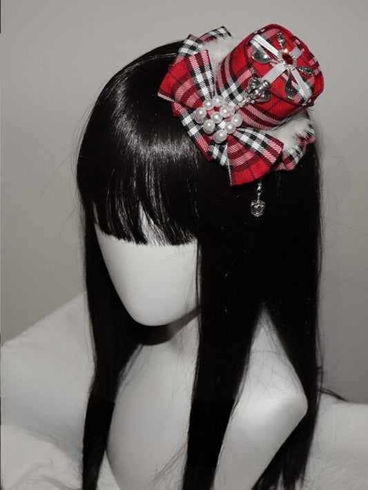 Bowknot Red Charm Mini Decorated Crown Pattern Plaid Hat Beaded