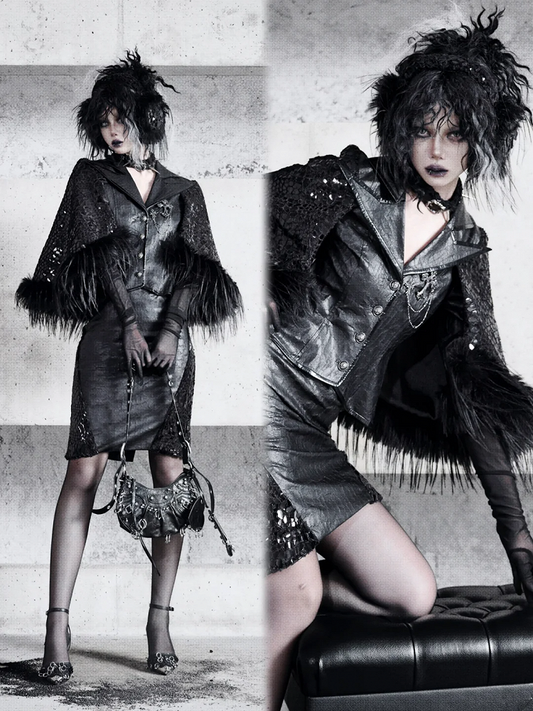 Black Sharp Angle Notched Collar Office Lady Fluffy Hemline Cape Blazer