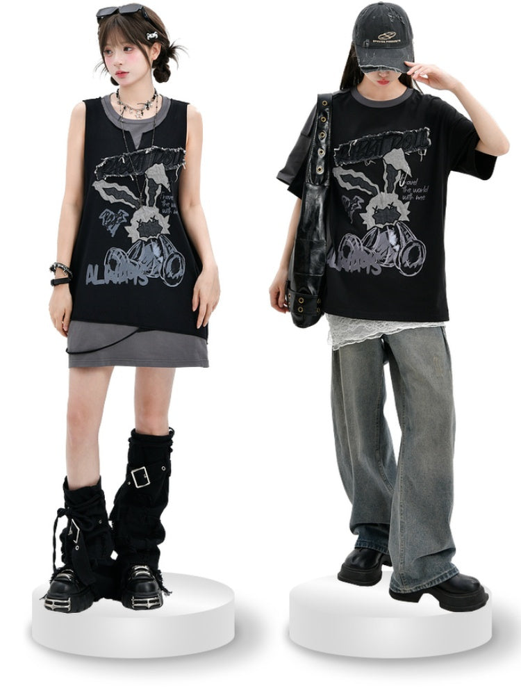 Bittersweet and T-Shirt Two-pieces Faux Black Applique Gray Bunny Pattern Letter