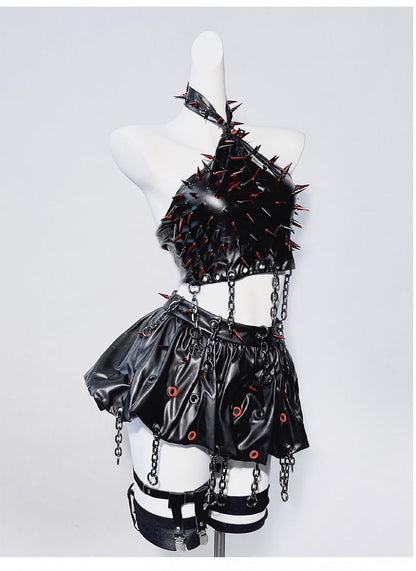 Punk Black Halter Neck Studs Cross Chain Sleeveless Top+Skirt Set